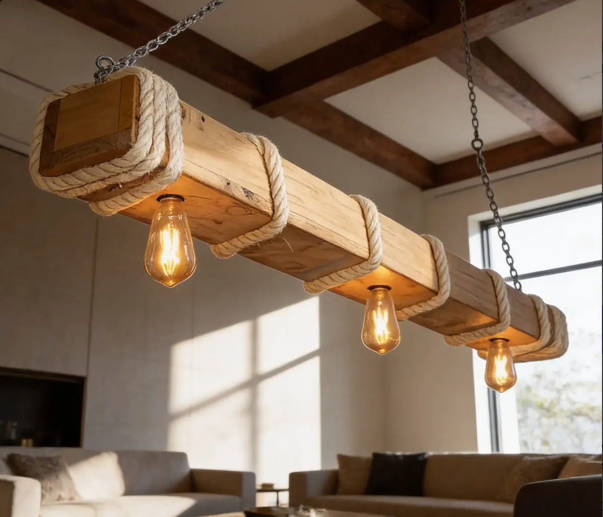 Lámpara Colgante “Muelle Extra Largo” – 3 Focos – 150 cm x 15 cm / Color Natural